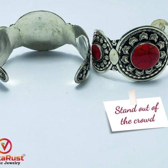 Single Afghan Coral Stone Cuff Bracelet: Antique Kuchi Tribal Jewelry - Picture 5 of 7